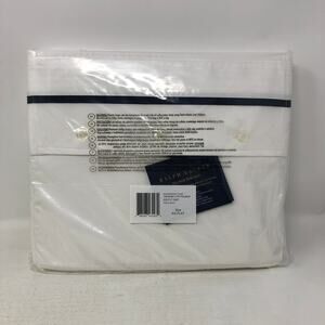Ralph Lauren Organic Cotton Percale Palmer King Flat Sheet White Polo Navy New